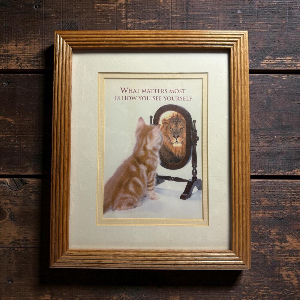 Vtg Kitten Lion Mirror Motivational Wood Framed Art Print What Matters Most 9x11